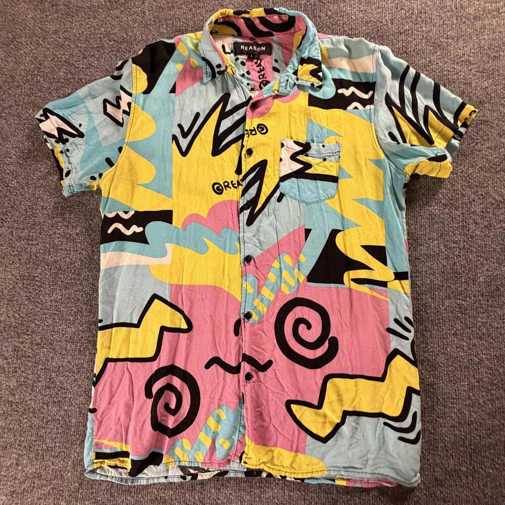 Reason Mens Abstract Multicolor Short Sleeve Button Up Shirt A1-229 Size L‎ #760